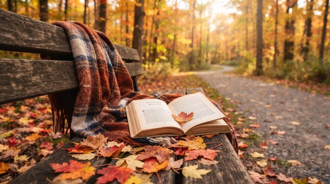 Cozy Autumn Reading on Wooden Bench in Forest with Fallen Leaves and Plaid Scarf