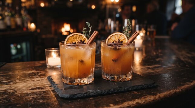 Two Refreshing Cocktails with Citrus Garnish on Dark Wooden Bar Top Close Up