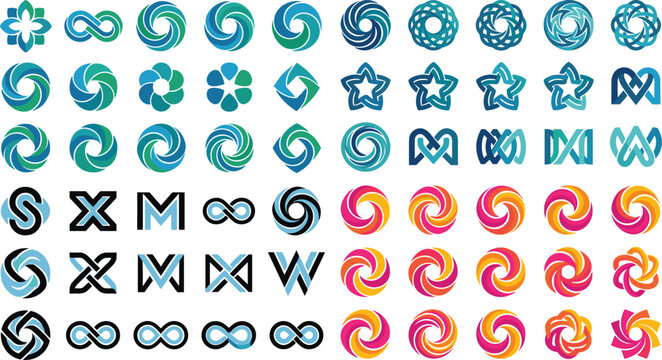 Abstract geometric logo mark collection featuring colorful spiral circles, infinity loops, stars, and corporate identity branding symbols