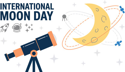 International moon day banner design featuring a yellow crescent satellite orbits a dark blue telescope with stars and astronaut helmet icons for space education events and science awareness celebrate © Saif