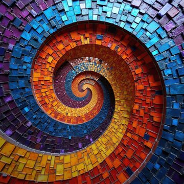 Vibrant mosaic spiral art with multicolored square tiles creates deep vortex effect. Bright orange yellow purple blue colors form swirling geometric pattern. Intricate digital composition shows