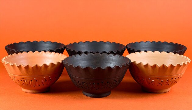 Five Decorative Ceramic Colander Bowls with Scalloped Rims and Perforated Holes Over a Vivid Orange Background