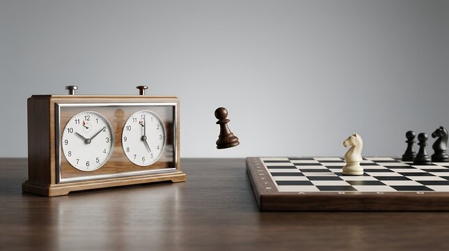 Chess clock next to a chessboard, next move strategy concept
