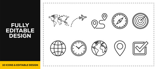 Fototapeta premium flat vector illustration line art icon bundle set design showing global logistics tracking world maps flight routes UI graphics