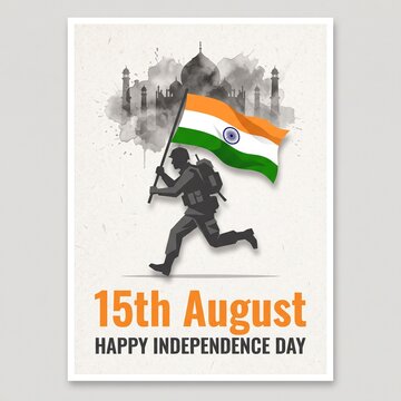 Silhouette of a brave Indian soldier running forward while holding the national tri-color flag high against a soft watercolor background celebrating the annual independence day holiday
