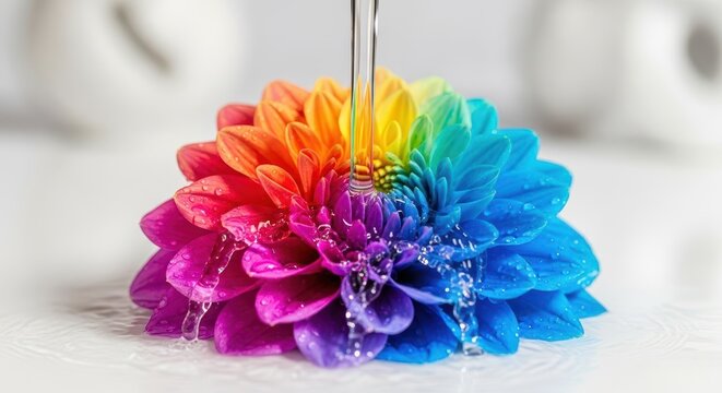 A vibrant bloom receiving a cleansing rinse under flowing tap water, showcasing the refreshing process of washing a fragile plant for optimal display and health, petal, dripping, shower