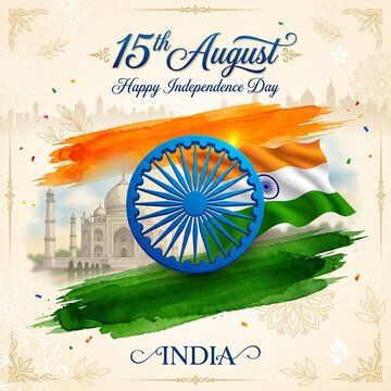 Festive Indian independence day celebration graphic featuring the vibrant national flag colors with a prominent blue wheel and iconic taj mahal silhouette on a textured background