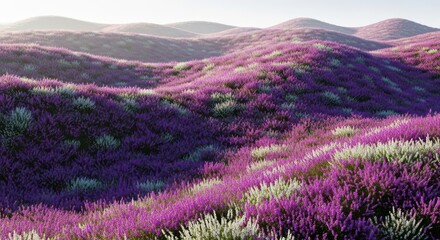 Fototapeta premium Lush rolling hills covered in vibrant blooming heather plants in shades of purple, pink, and white under a soft, misty morning sunlight, summer, slope, vibrant