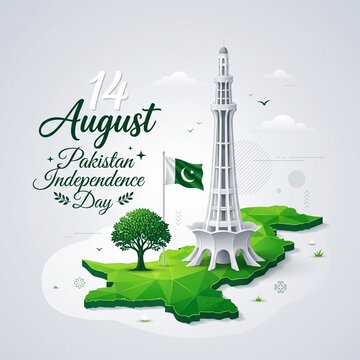 Minar e Pakistan monument standing tall on a stylized green map of the country with the national flag waving proudly during the beautiful independence day celebration