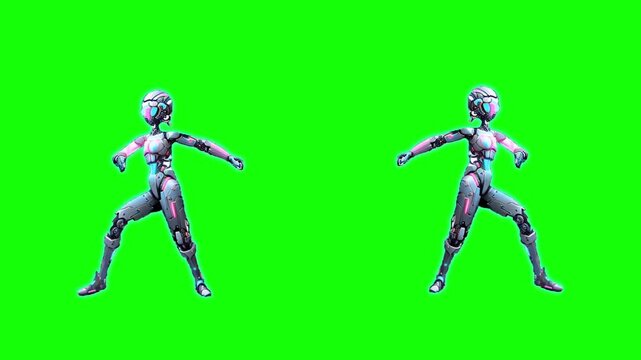 Robots with metallic bodies and glowing blue lights perform synchronized dance moves against a solid green background for digital animation projects.