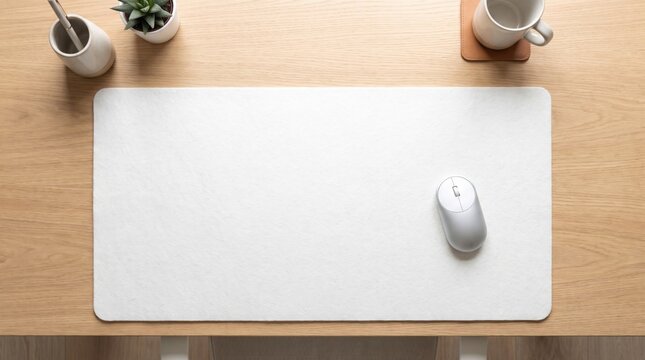 A well-organized wooden desk with a white mouse pad, computer mouse, coffee mug, plant, and pen holder from a bird's eye view.