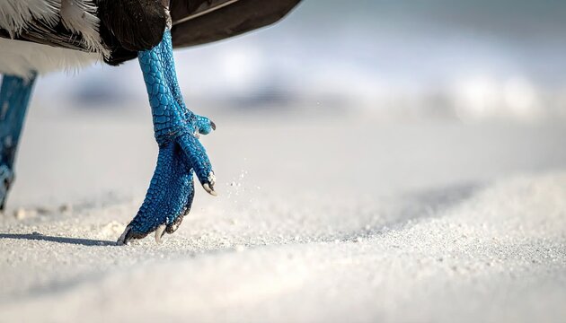 Close up of blue bird foot on white sand