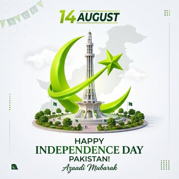 Minar e Pakistan monument standing tall with a bright green crescent and star symbol representing the glorious celebration of the fourteenth of August independence day event.