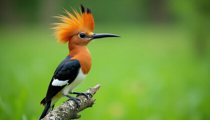 Fototapeta premium Exotic hoopoe bird with striking orange crest sits on tree branch in green jungle. Wild animal displays colorful plumage feathers and long beak.