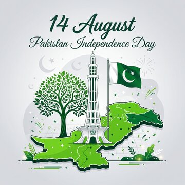 Creative illustration showcasing the minar e pakistan monument with the national flag and green map celebrating the fourteenth of august independence day for the country