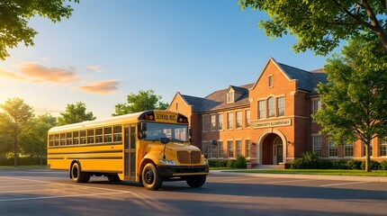 Obraz premium Yellow school bus parked in front of a brick elementary school at sunset back to school
