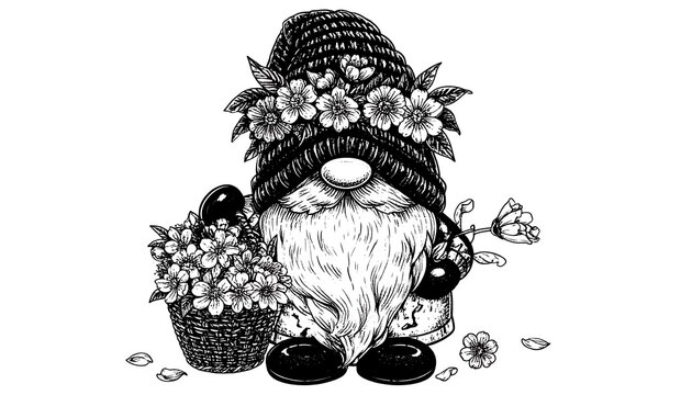 A whimsical garden gnome with a long white beard and a flower-adorned hat sitting beside a basket of flowers