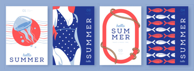 Obraz premium Set of summer striped sea vacation posters or covers. Flat design. Mediterranean-themed summer vibe backgrounds. Vector illustration