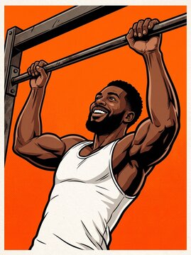 Muscular african american man performing intense pull up exercises on a metal bar while smiling against a vibrant flat orange background in this artistic illustration