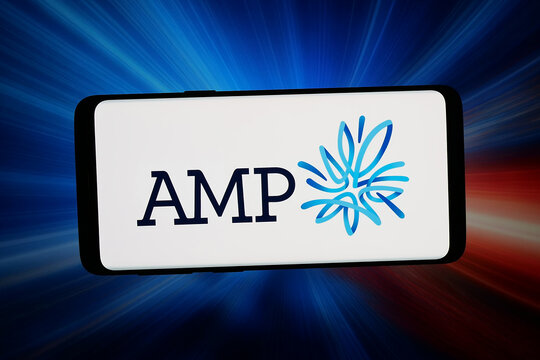 Stuttgart, Germany - 07-08-2026: In this photo illustration, the logo of Australian financial company AMP Limited is displayed on a smartphone in front of abstract background on computer screen.