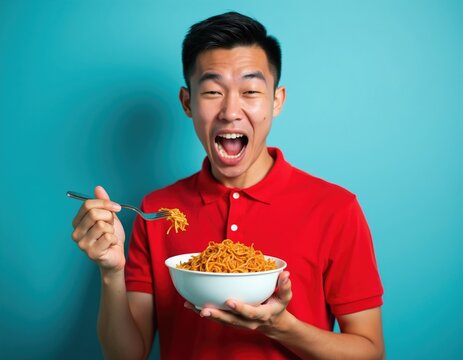 Asian man in red shirt eats spicy noodles with funny face. Guy holds bowl and fork with food, reacting to intense taste. Male enjoys meal with exaggerated expression against blue backdrop.
