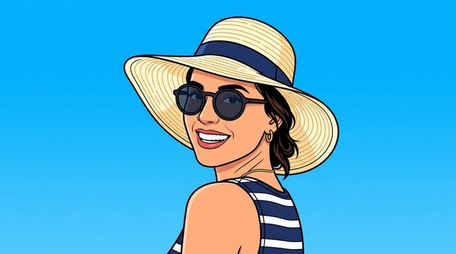 Stylish woman wearing a wide brimmed straw hat and dark round sunglasses smiles brightly while posing against a clear vibrant blue sky in this digital illustration