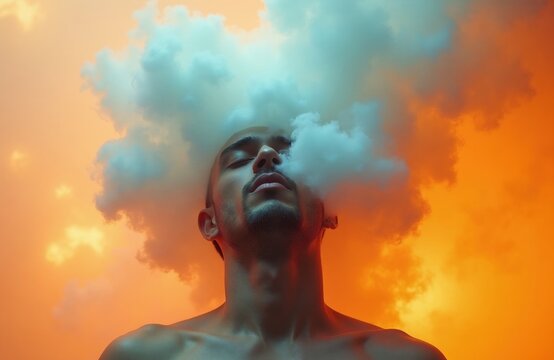 Young man stands with closed eyes amidst swirling white smoke clouds around head. Male model poses against orange background showing calm pensive mood. Abstract artistic portrait shows peaceful guy