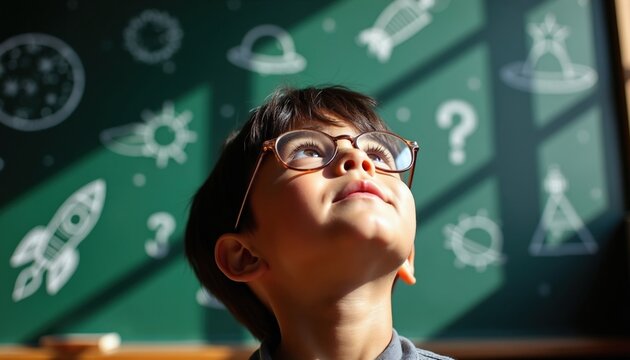 Smart little boy wears glasses looking up at space doodles on green chalkboard background. Student child ponders future dreams near cosmic drawings. Young pupil explores science themes, universe