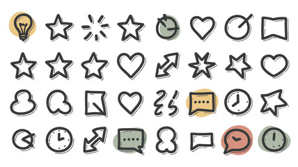 Fototapeta premium Set of hand drawn featuring lightbulbs, stars, hearts, clocks, and speech bubbles with subtle colored highlights on white background
