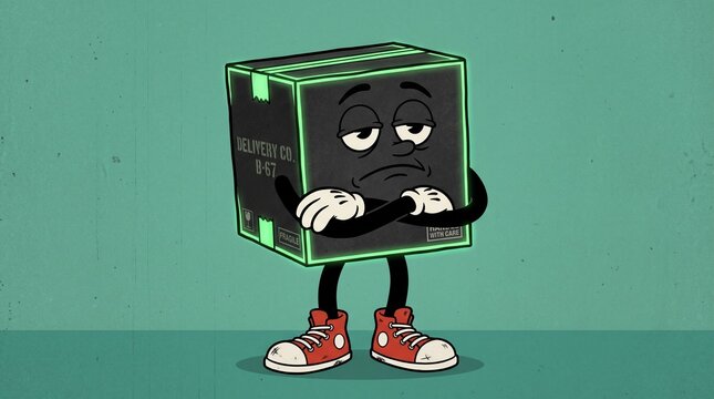 Sad cardboard delivery box character with glowing green edges and red sneakers standing with arms crossed in this stylized vintage cartoon animation style graphic art piece
