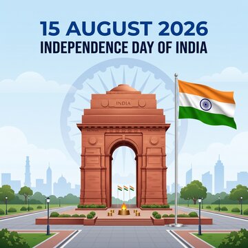 India gate monument illustration celebrating the independence day of india with a waving national flag on a sunny day under a bright and clear sky