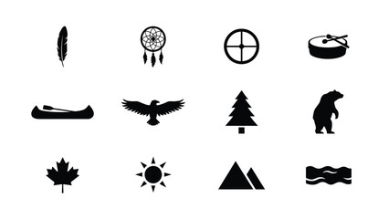 Obraz premium Elegant minimalist black silhouette symbol set featuring indigenous cultural motifs with medicine wheels alongside nature inspired elements