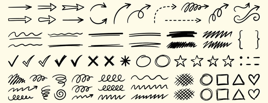 Crayon doodle arrow and brush line set with underline, marker, check, circle, curve, star, wave and squiggle strokes on grunge background vector illustration