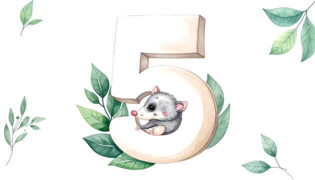 A whimsical illustration of a mouse inside a large number 5 surrounded by green leaves on a white background