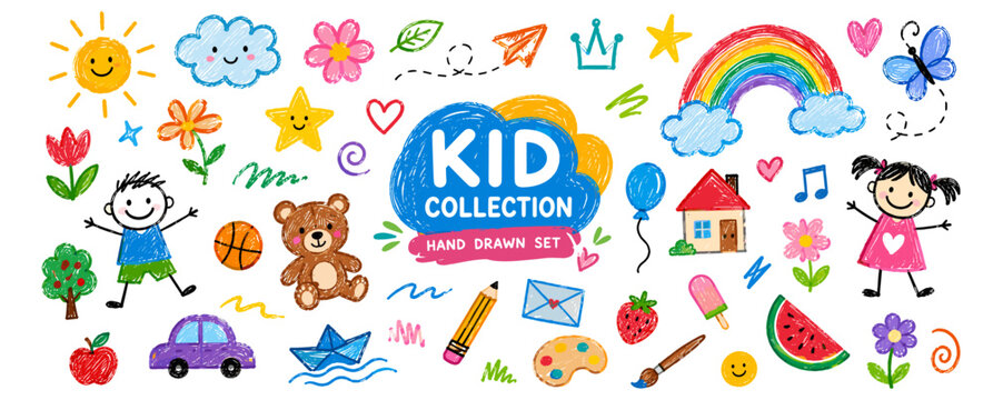 Hand drawn kids crayon line icon set with rainbow, cloud, flower, heart, star, smile and playful pastel pencil doodles for kindergarten background vector illustration