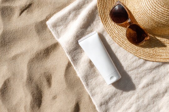 Blank white lotion tube on a towel with a straw hat and sunglasses on the sand. Flat lay of summer skincare cosmetics. Copy space on the packaging