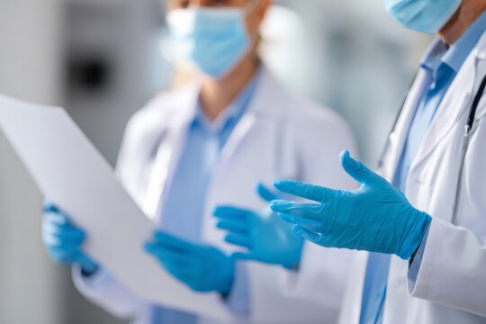 Doctor hands in blue gloves explaining treatment to a colleague. Medical professionals discussing patient diagnosis in a hospital