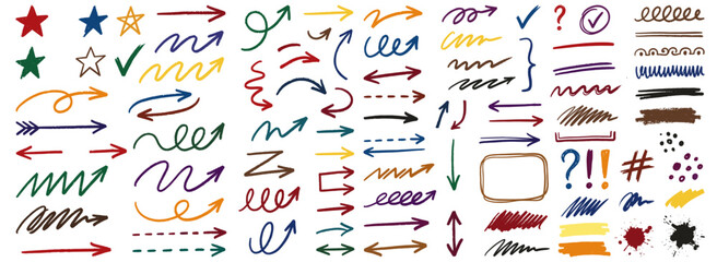 Red crayon arrow line set with hand drawn chalk strokes, brush texture, underline, check mark, star, curve, squiggle and zigzag doodles on blackboard. Vector illustration © aura studio