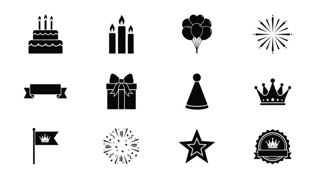 Minimalist black and white celebration icons set featuring cake candles balloons gifts crowns with flat line art against plain white background