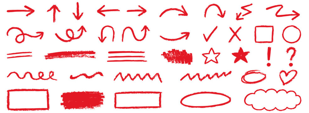 Hand drawn red crayon arrow collection with chalk brush lines, rough underlines, check marks, stars, curves, zigzags and playful scribble elements. Vector illustration