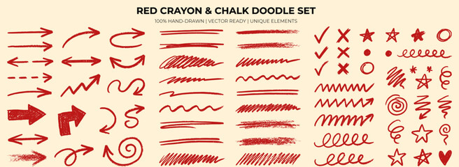 Naklejka na ściany i meble Crayon chalk arrow doodle set with red hand drawn lines, textured brush strokes, underlines, check marks, stars, curves, squiggles and zigzag graffiti. Vector illustration