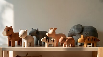 Obraz premium A row of simple wooden animal figurines including elephant zebra and horse displayed on a clean shelf under natural light