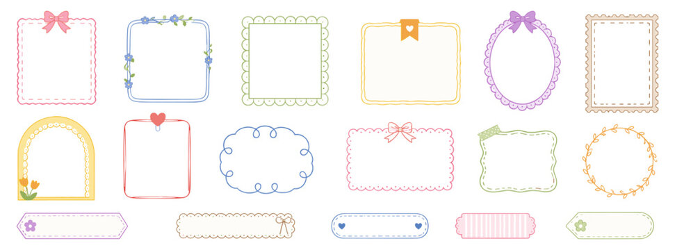 Hand drawn cute frame and border set with doodle square, rectangle, scallop, lace, bow and stamp shapes for photo, scrapbook, invitation and vintage cards, vector illustration