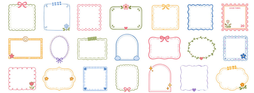 Hand drawn cute frame border set with doodle square and rectangle photo shapes, scallop lace, bow, stamp and retro vintage card elements. Vector illustration