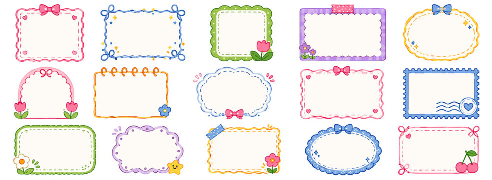 Cute doodle frame border collection with hand drawn square, rectangle and photo shapes, scalloped lace, bow, stamp, label and retro card designs. Vector illustration