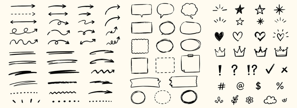 Hand drawn chalk arrow, underline and circle set on blackboard with scribble stars, hearts, crowns, school signs, rough chalk texture and decorative doodle elements. Vector illustration