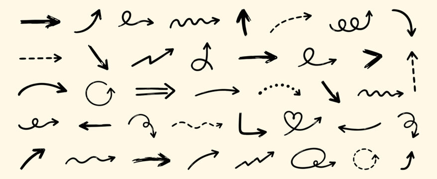 Chalk arrow brush element set with hand drawn white line strokes on blackboard, scribble doodle curves, waves and swirls for school notes, vector illustration