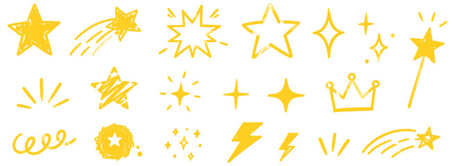 Yellow star doodle icon set with hand drawn crayon brush strokes, magic sparkles, lightning and crown symbols. Cute school cartoon elements with grunge texture. Vector illustration © aura studio