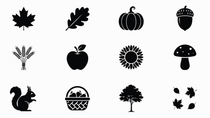 Autumn harvest silhouette icons set featuring maple leaf acorn pumpkin wheat apple mushroom tree basket squirrel with evoking harvest season natural elements maple leaves © Somiran