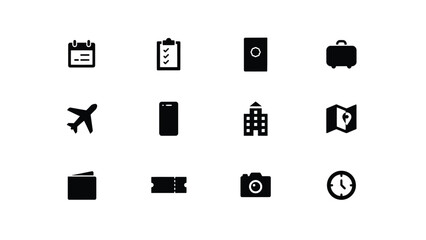 Minimalist black icons set featuring travel business and technology symbols on light background with technology themes against neutral light backdrop © Somiran